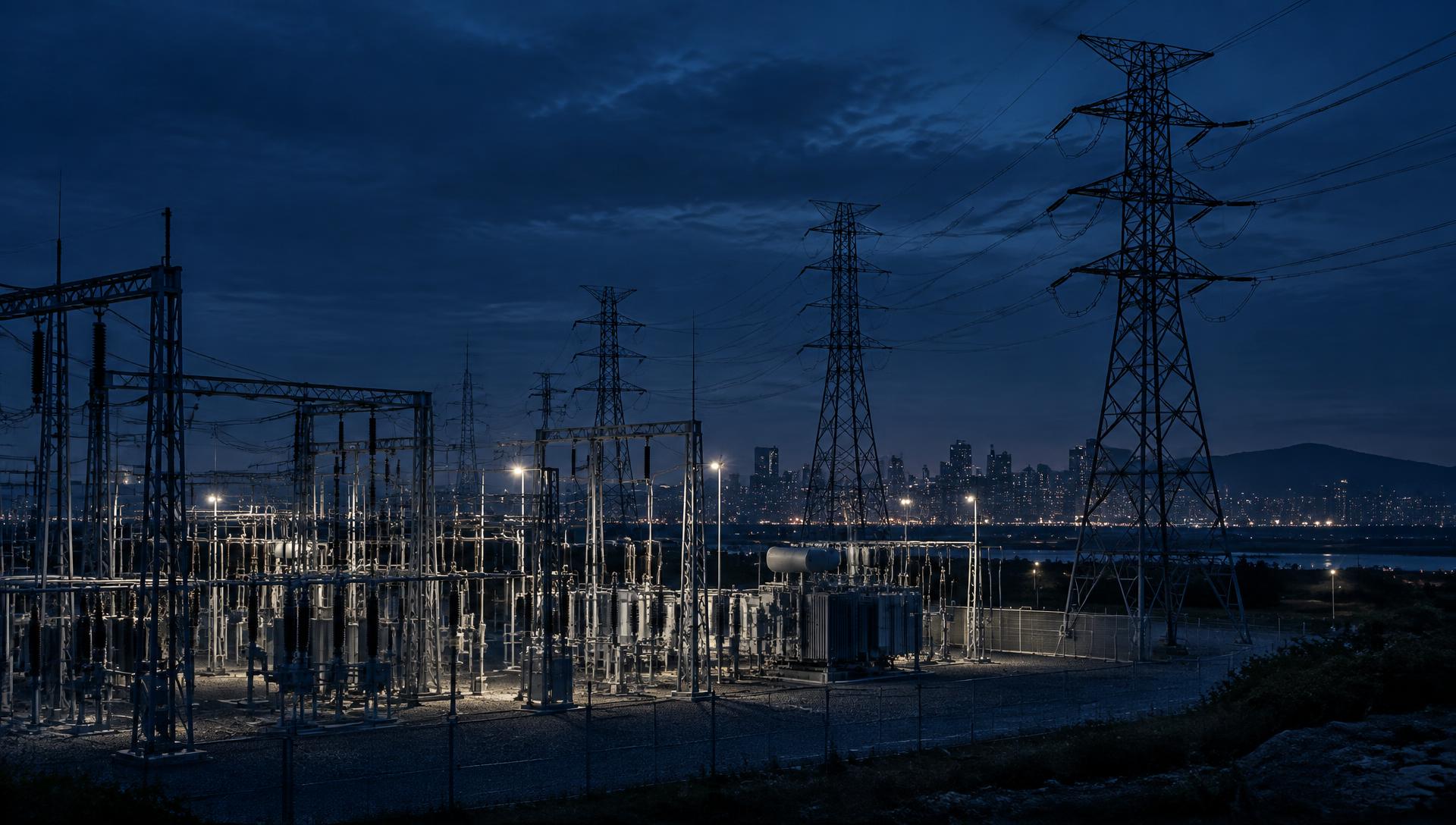 Subestação elétrica e linhas de transmissão ao anoitecer